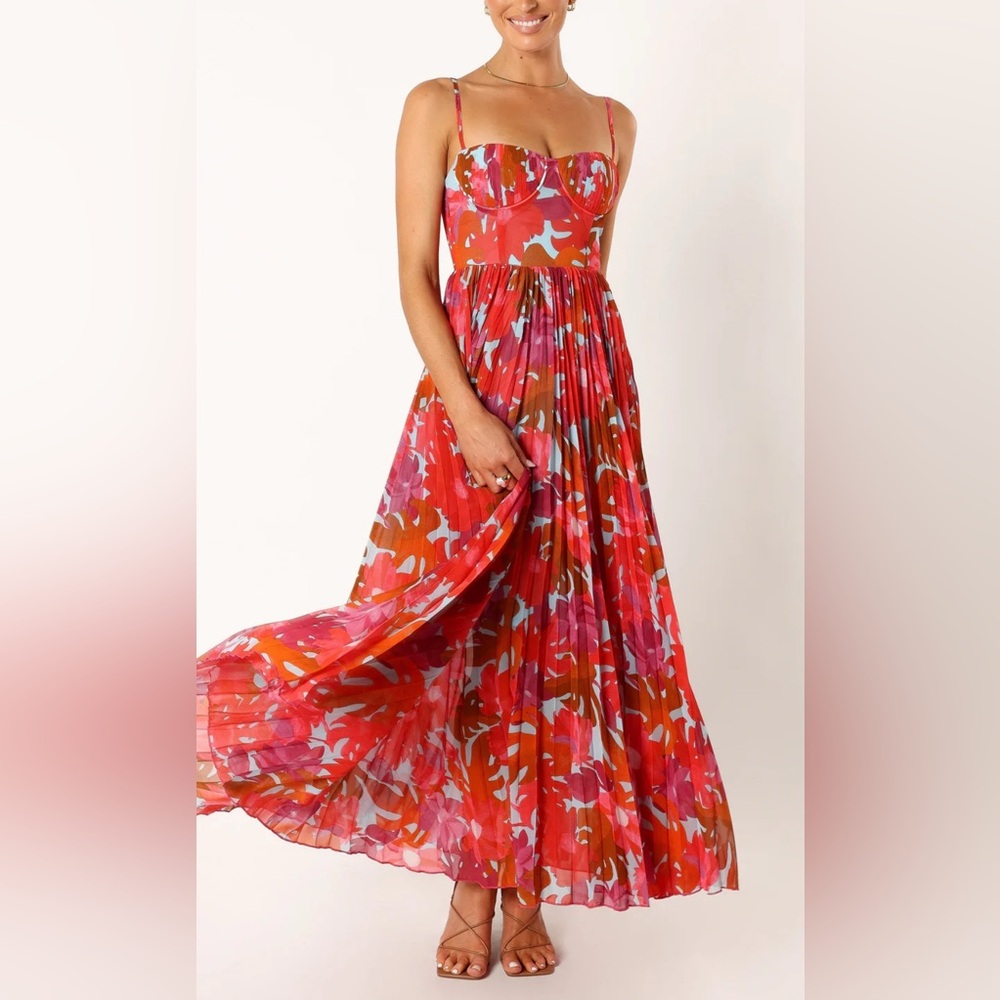 Petal & Pup Red Floral Maxi Dress with Pink & Orange Accents